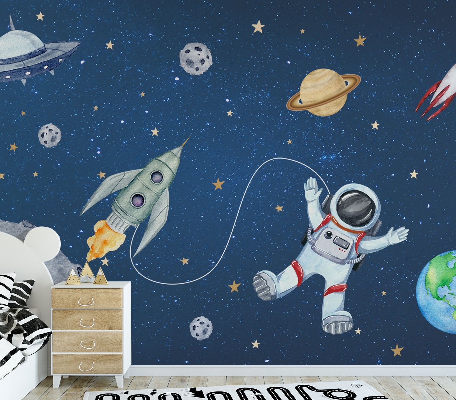 Kids Watercolor Space with Spaceship and Astronaut Wallpaper Mural - Peel and Stick