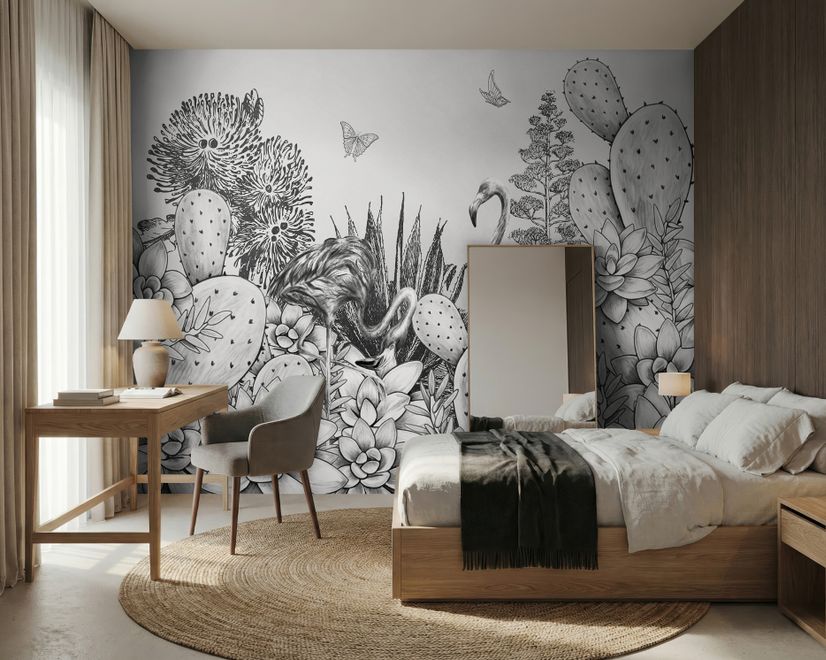 Papier peint panoramique dessin monochrome cactus floral avec flamant rose