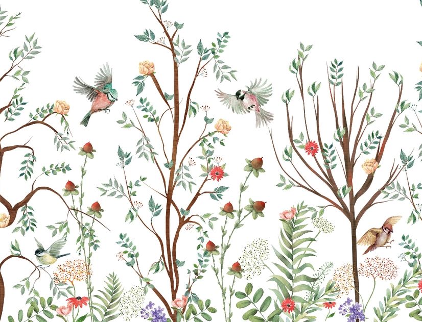 Spring Flower with Birds  on the Trees Wallpaper Mural