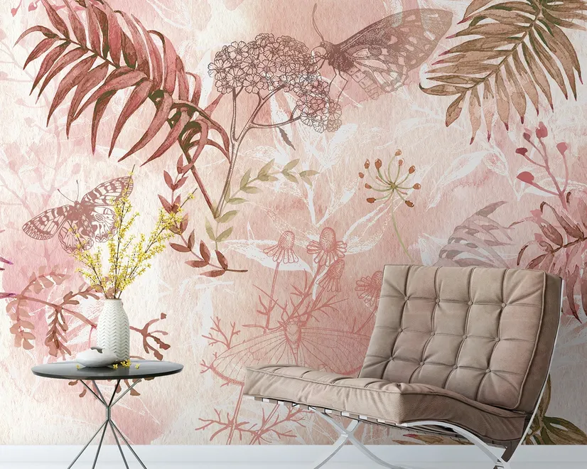 Pink Leaf and Blossom Wallpaper Mural