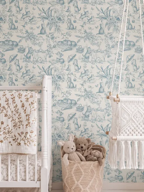Cute cats wallpaper with dusty blue toile kittens, roses and garden scenes on warm cream