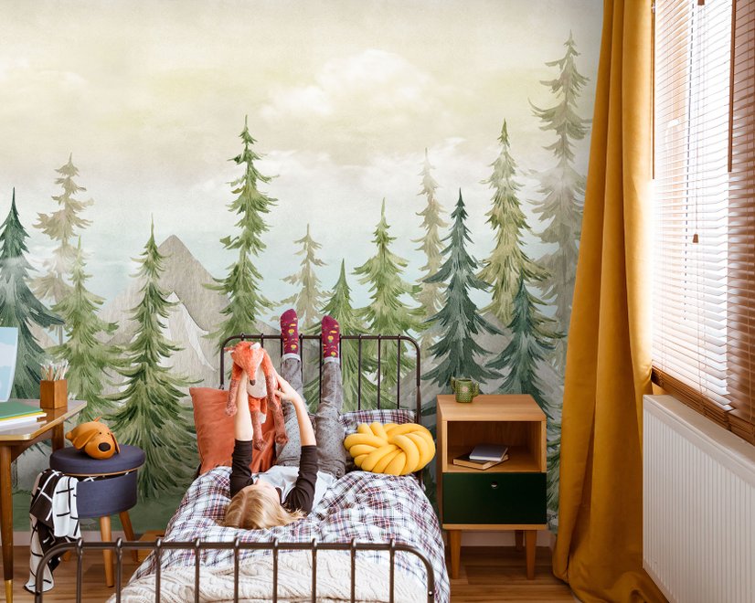 Aquarell Kiefernbaum Kinderzimmer Wald Fototapete