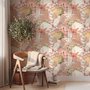 Pink tropical wallpaper with ivory fan palms, orchids, coral blossoms and sage foliage on dusty rose