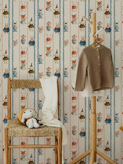 Cartoon wallpaper with rabbits, mice, a crowned fox and lambs in costumes between wavy blue stripes