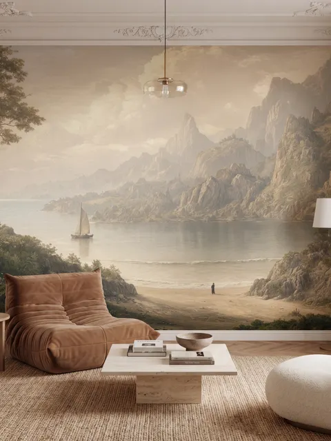 Landscape wallpaper mural with sepia coastal mountains, sailboat, beach figure and foreground tree