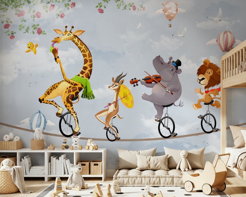 Cartoon Slackline with Animals Wallpaper Mural