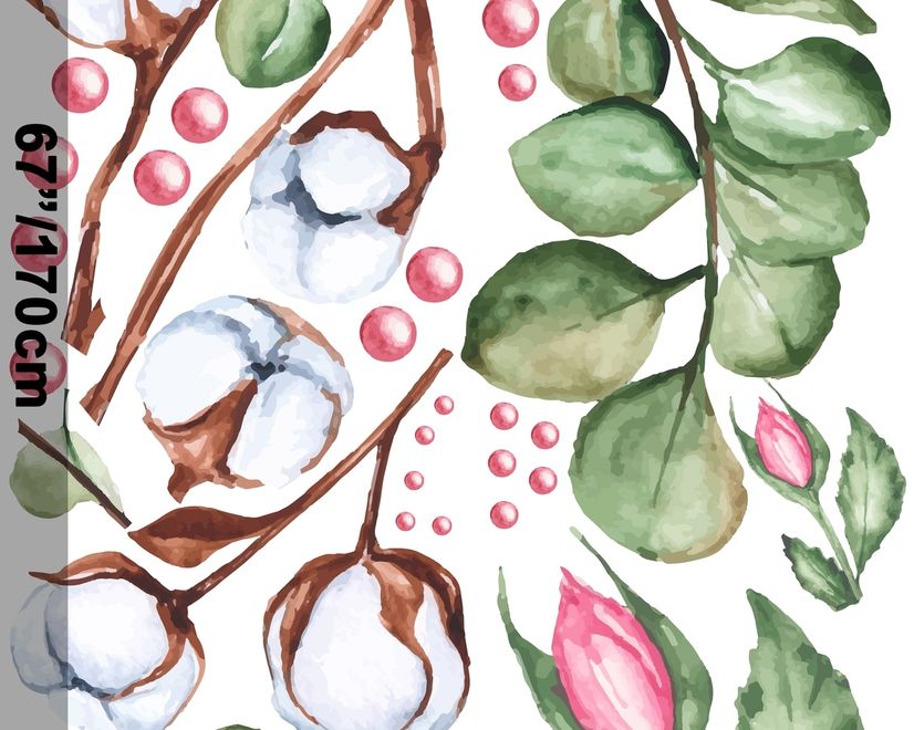 Weiße Baumwollblumen mit grünem Blatt und rosa Knospe Wandtattoo