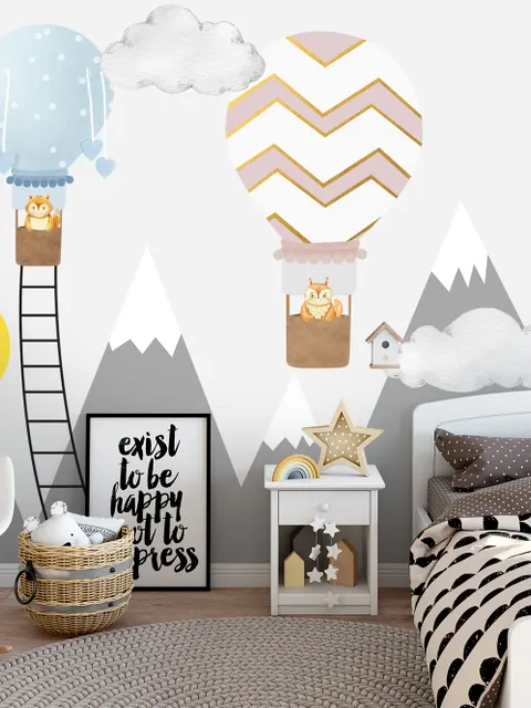 Kids Gray Mountain and Colorful Hot Air Balloon Wallpaper Mural