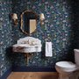 Aquarium fish tank wallpaper repeat with tropical fish, coral, seaweed, shells and bubbles on deep navy blue