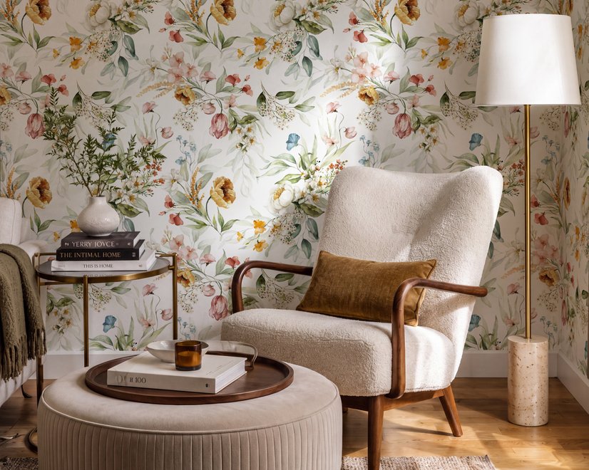 Watercolour floral wallpaper with sage leaves, blush and ochre flowers on a white ground