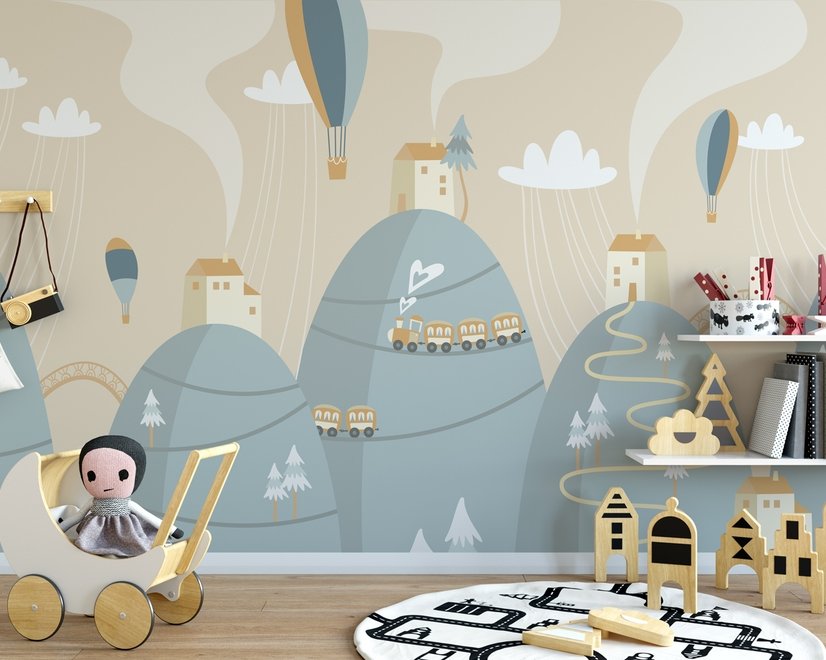 Papier peint Montgolfière douce avec petite maison