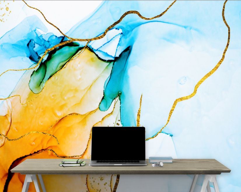 Blue Yellow Watercolor Brush with Modern Lines Wallpaper Mural