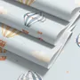 Hot air balloon wallpaper with watercolor balloons, ivory clouds and peach gold stars on pale powder blue
