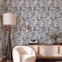 Jungle wallpaper with animals in navy toile, showing tigers, elephants and monkeys on an ivory cream ground