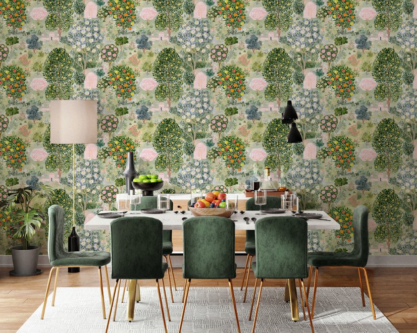 Watercolor Citrus Trees and Floral Brach Wallpaper Mural