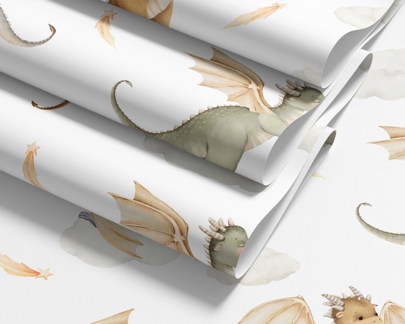 Kids wallpaper with sage, caramel and blue-gray watercolor dragons, clouds, sun and stars on white