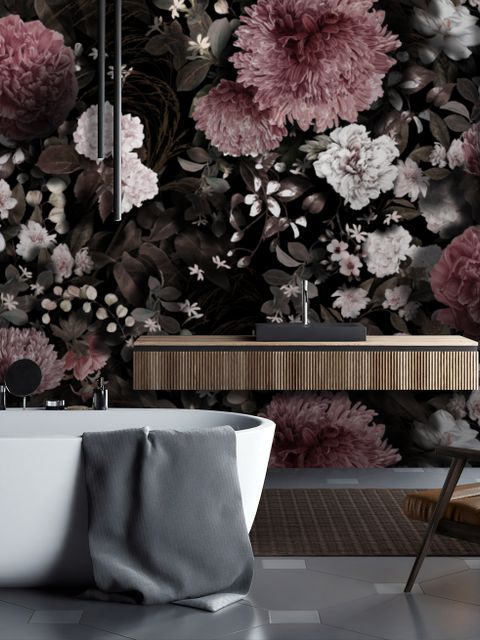 Papier peint panoramique floral foncé avec chrysanthème rose