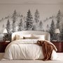Monochrome forest with fog wallpaper mural showing tall pine trees, firs and silver-grey mist
