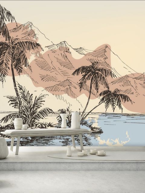Papier peint palmier tropical plage été vintage fusain