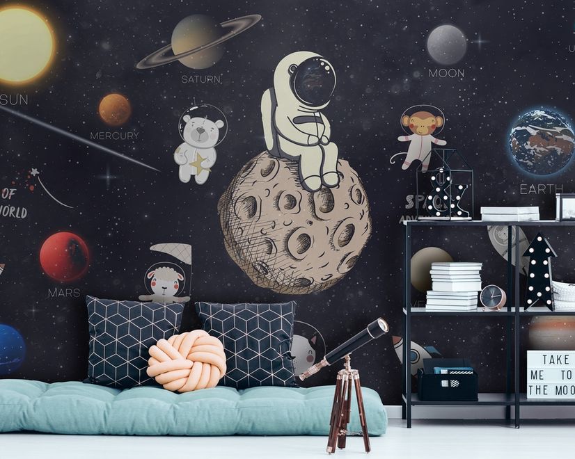 Astronaut and Animals in Space Wallpaper Mural for Children