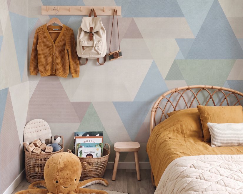 Pastel abstract wallpaper with overlapping sky blue, blush, cream, sage and grey textured triangles