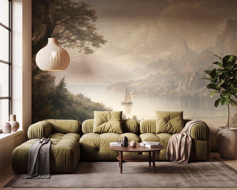 Landscape wallpaper mural with sepia coastal mountains, sailboat, beach figure and foreground tree