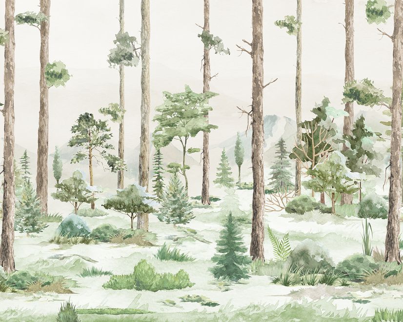 Fototapete Aquarell Wald Bäume für Kinder