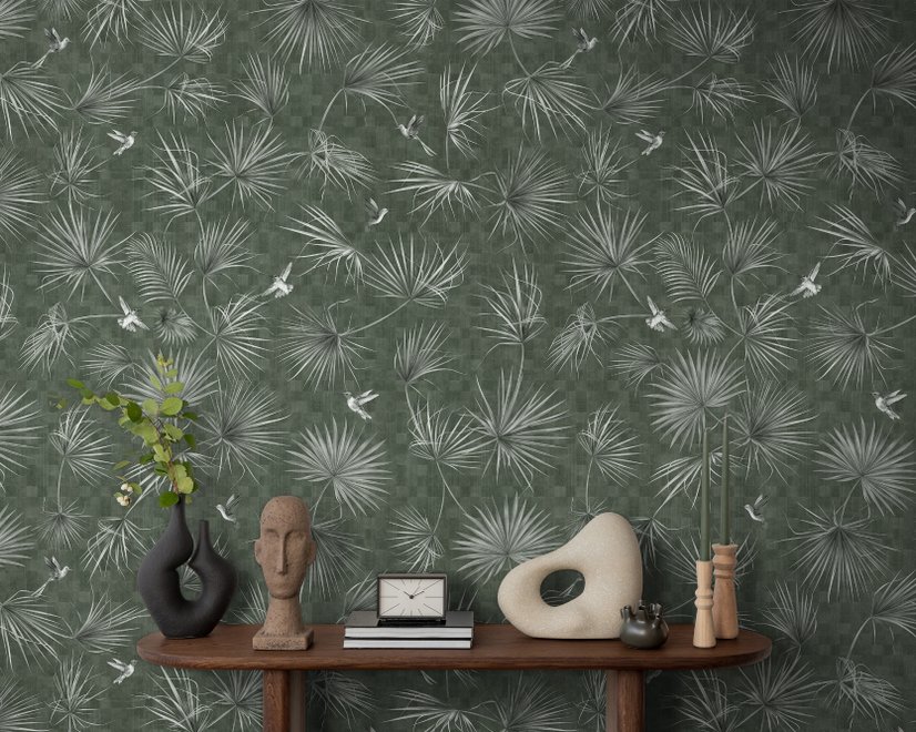 Tropical Palm Leaf and Birds Wallpaper Mural