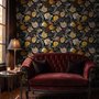 Japanese art wallpaper pattern with koi fish, gold peonies, mauve flowers and grey clouds on black