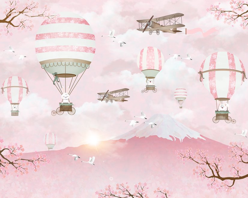 Papier peint montgolfière et paysage de montagne rose