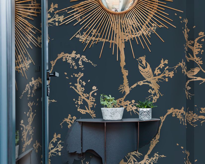 Gold Faux Tree Blossom Branch Silhouette with Birds Wallpaper Mural