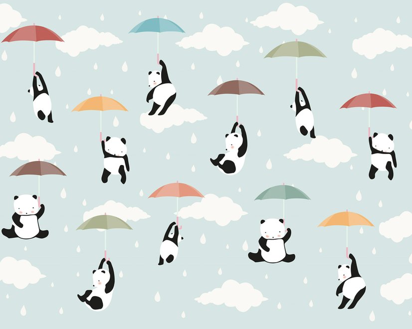 Kids Pandas With Colorful Umbrella Wallpaper Mural