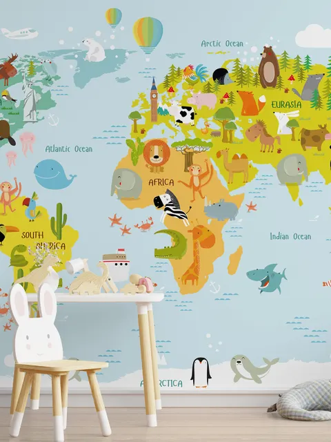 Сolorful Kids World Map with Animals Wallpaper Mural
