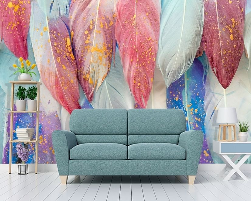 Watercolor Colorful Feather Pattern Wallpaper Mural