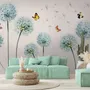Blue Dandelion and Yellow Butterflies Wallpaper Mural