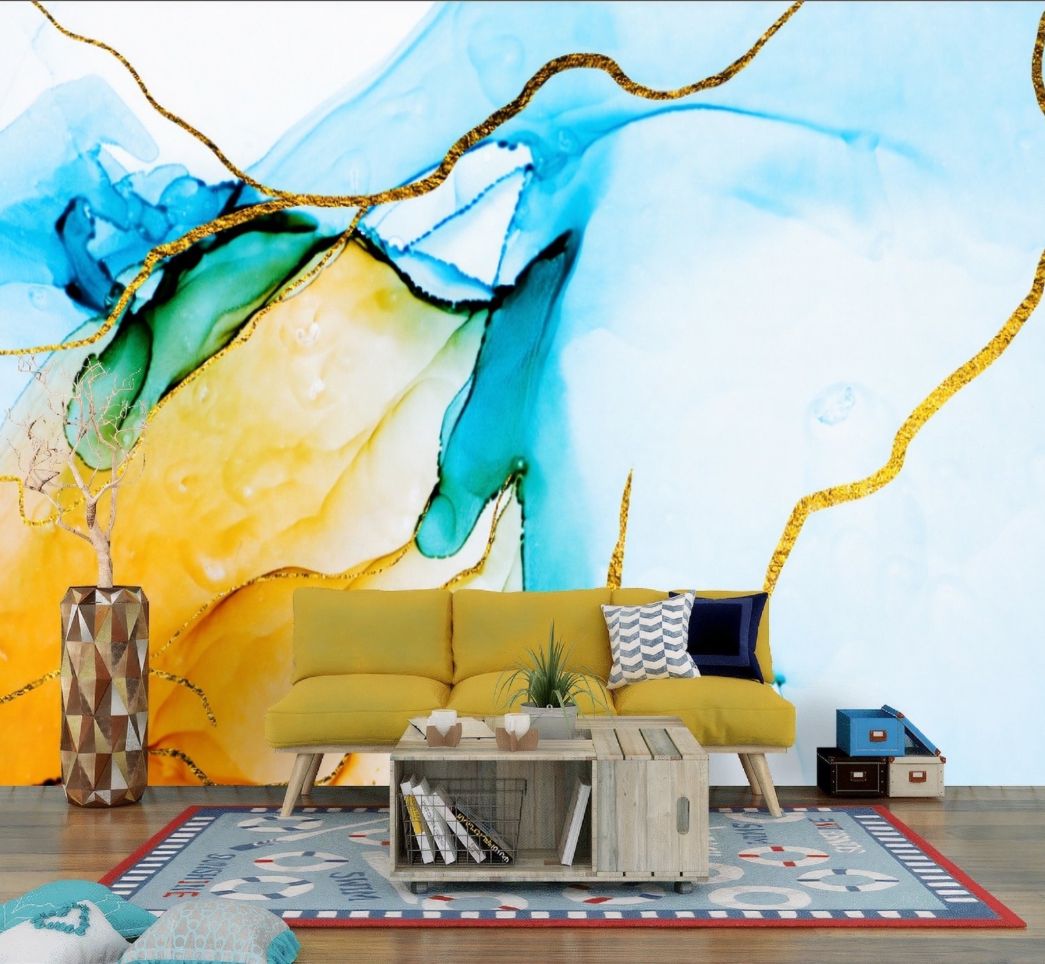 Blue Yellow Watercolor Brush with Modern Lines Wallpaper Mural - Peel and Stick