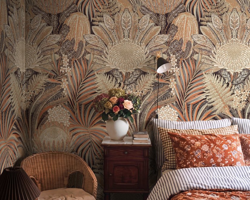 Vintage Terracotta Tropical Flowers and Leaves Wallpaper Mural