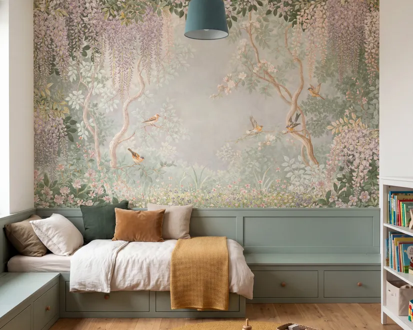 Watercolour nature wallpaper with lilac wisteria, pale trees, sage foliage and small songbirds around a misty clearing