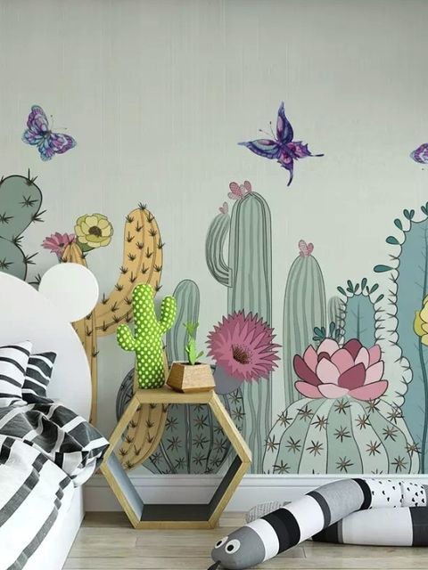 Watercolor Drawing Cactuses and Butterfly Wallpaper Mural