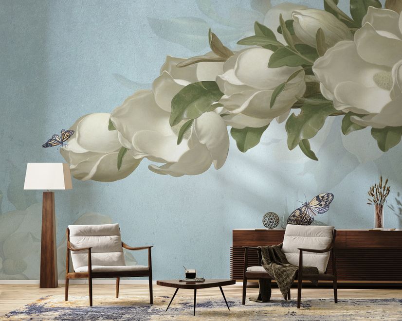 Gardenia Floral and Butterfly Wallpaper Mural
