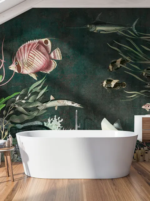 Papier peint panoramique nostalgique de l'art des poissons sous-marins