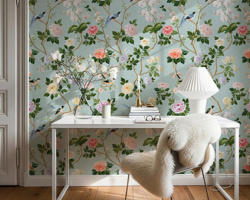 Chinoiserie wallpaper with peach birds, orchids and peonies on a pale duck egg blue ground