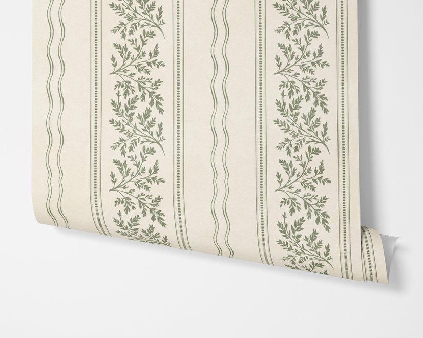 Green aesthetic wallpaper with sage leafy sprigs, fine vertical rules and dotted borders on cream ivory