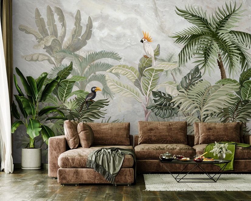 Green Tropical Forest with Parrot Wallpaper Mural