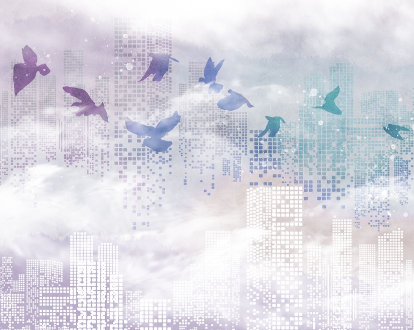 Abstract City with Purple Birds Wallpaper Mural