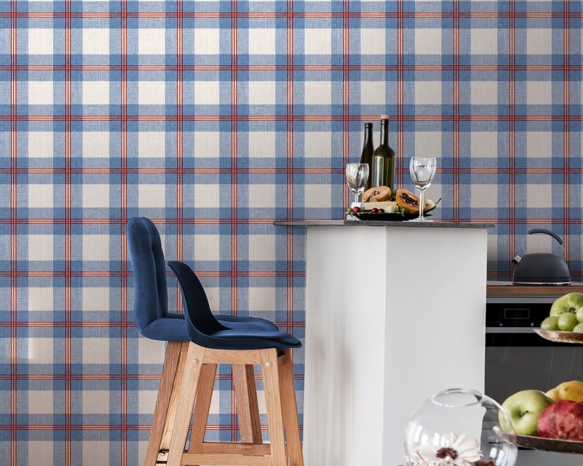 Blue and red plaid wallpaper with denim blue, cream and sky blue woven checks and fine red stripes