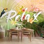 Pink Flamingo with Colorful Tropical Leaves Wallpaper Mural