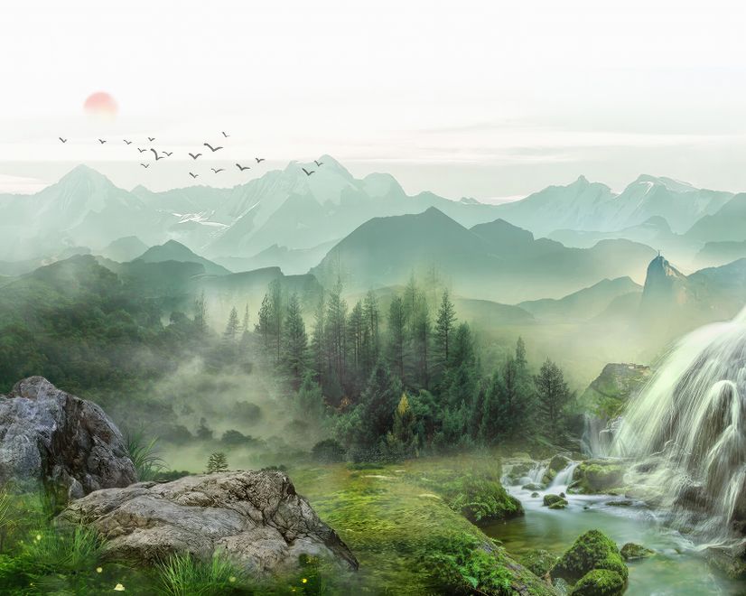 Waterfall with Misty Green Forest Landscape Wallpaper Mural