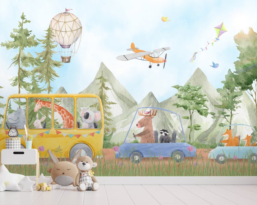Papier peint animaux mignons aquarelle dans le bus pour enfants