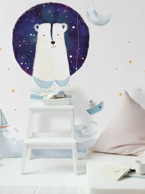 Stickers muraux ours blanc lune aquarelle étoiles jaunes enfants